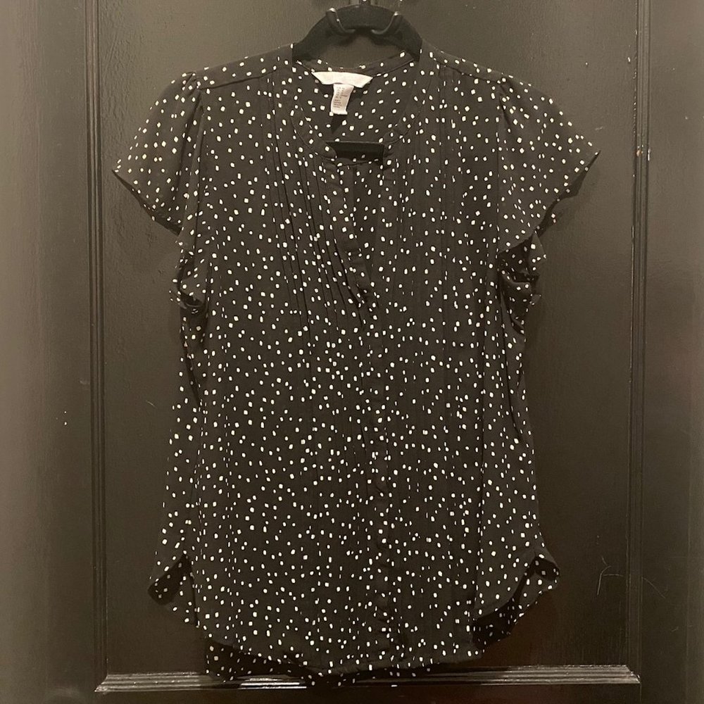 Black, Pleated Front Blouse with Polka Dots